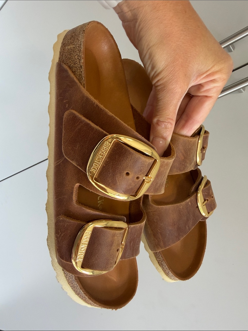 Birkenstock Brown Leather Sandals with Gold Buckles - Picture 3 of 4